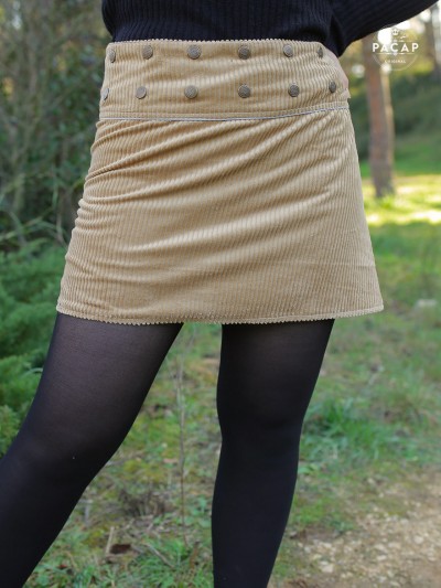 jupe beige femme velours côtelé marron portefeuille droite  boutonnée automne hiver collant Mini jupe courte patineuse