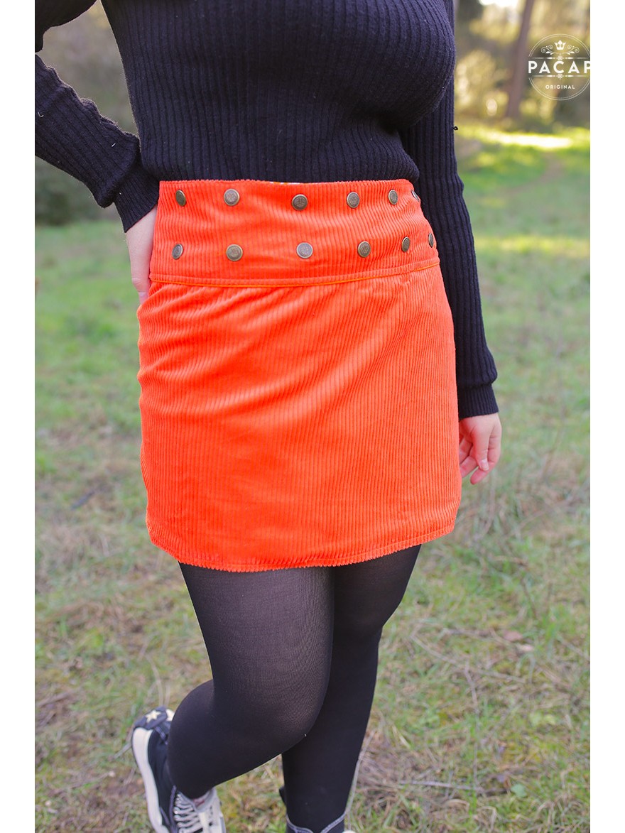 jupe orange ceinture bouton jupe femme velours fluo portefeuille boutonnée automne hiver Mini jupe flashy courte patineuse