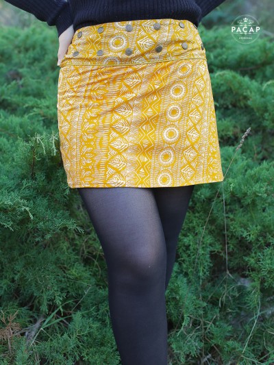 jupe courte orange Imprimée ethnique motif blanc Reversible coton femme ceinture large bouton-pression jupe tennis
