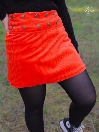 jupe courte velours orange côtelé  Portefeuille reversible évasée enveloppante wrap tube tulipe, jupe mi-cuisses