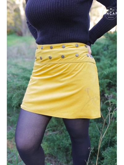 jupe portefeuille jaune velours milleraies Coupe droite Ceinture boutonnée automne hiver collant Mini jupe patineuse