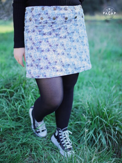 high waist skirt with flowers belt button