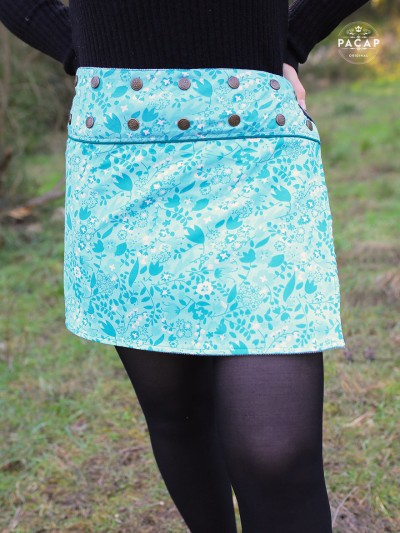 Blue A-line skirt with flowers