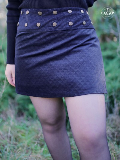 jupe Noire portefeuille velours texturée Coupe droite Ceinture boutonnée automne hiver collant Mini jupe patineuse