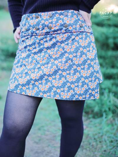jupe bleue courte à fleurs en coton ceinture large jupe imprimée pas cher de qualité, Tissu fin, jupe portefeuille reversible