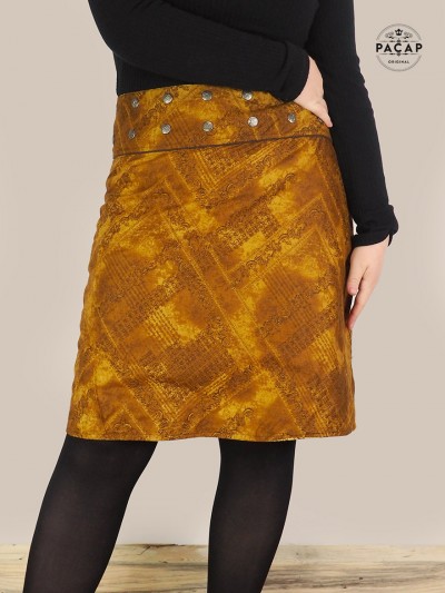 jupe longue marron imprimé abstrait en coton reversible pour portefeuille pour femme taille unique ceinture à boutons