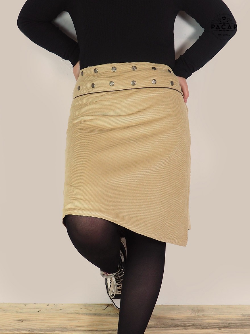 jupe portefeuille longue velours côtelé beige pour femme réversible unicolore, ceinture passepoil bouton pression