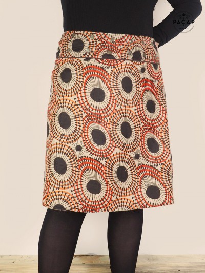 jupe marron coton imprimé  ethnique originale réversible ceinture passepoil boutonnée coupe portefeuille coupe droite