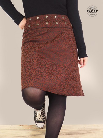 jupe longue rouge en velours pour femme imprimé leopard réversible coupe wrap droite portefeuille bouton pression