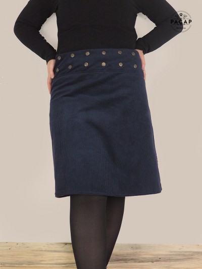 jupe longue velours côtelé bleu marine réversible ceinture boutonnée taille réglable pour femme collection hiver