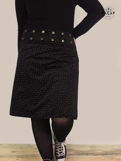 jupe chic noire imprimée en velours suédine lisse doux réversible pour femme jupe luxe marque francaise pour femme
