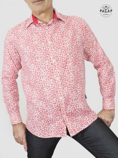 white leopard print shirt with red spots long sleeves