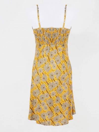 fitted dress, yellow floral print dress, off-shoulder dress, viscose dress, elastic waist dress