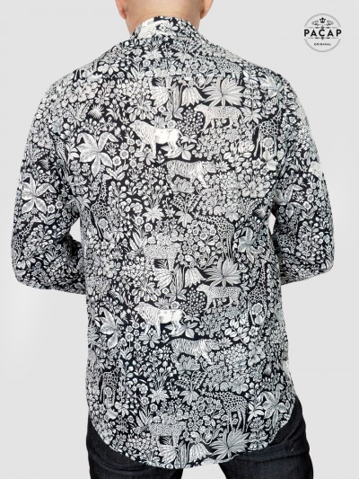 black and white casual shirt with animal and nature motif