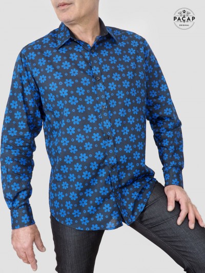 black shirt with blue flowers long sleeve mother-of-pearl button