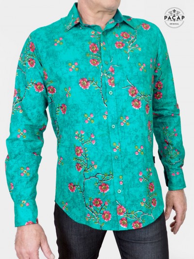 Green shirt with cherry blossom print