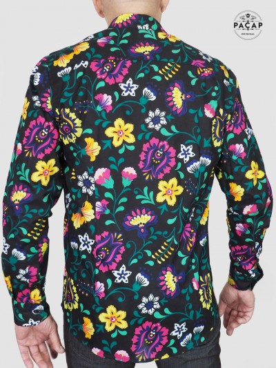 black Hawaiian summer shirt in multicolored floral print, slim fit