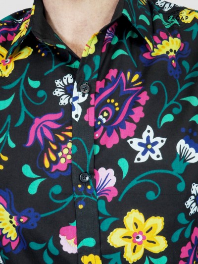 casual black shirt with multicolored flowers