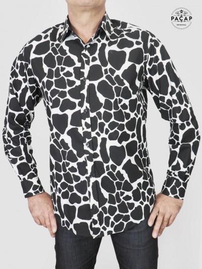 chemise animal décontractée motif taches vache girafe guépard noire et blanche