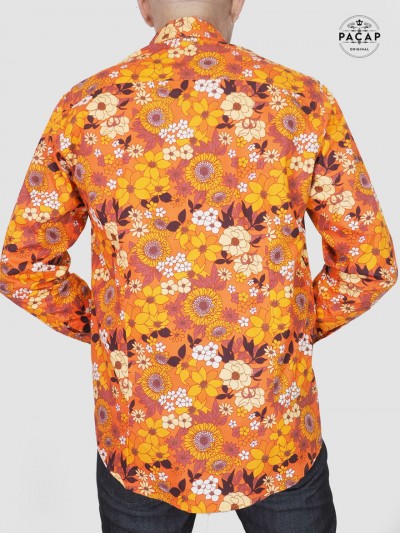 orange aloha shirt with flowers long sleeves