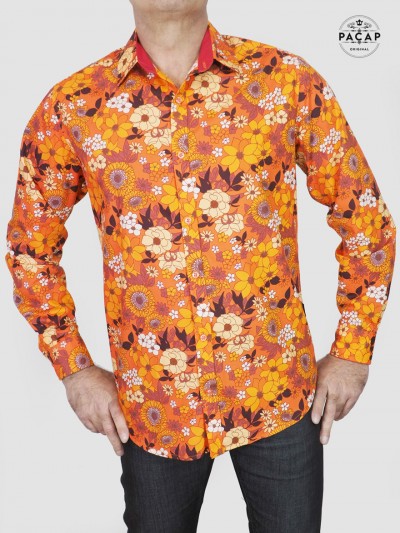 chemise orange a fleurs manche longue en popeline