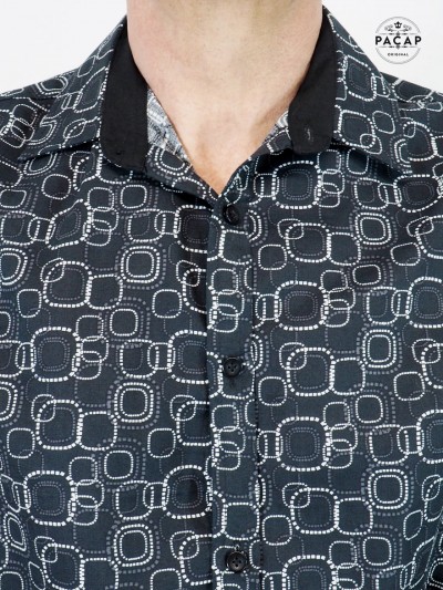 chemise carreaux boutons nacré col italien noir