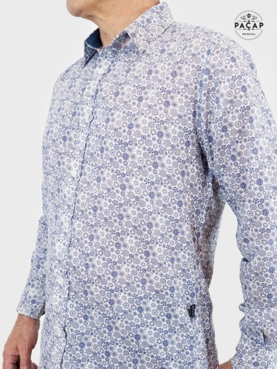 chemise imprimé bleu micro motif fleur et ethnique