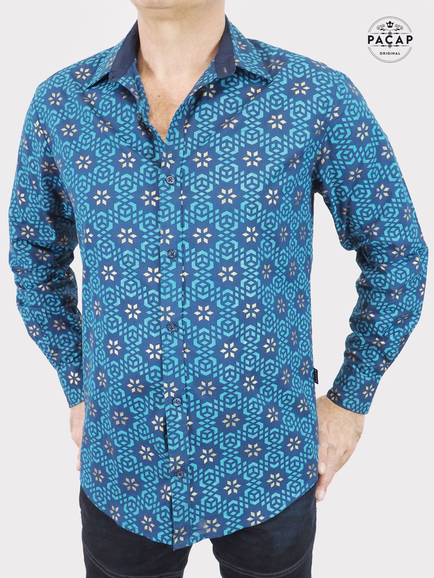 blue sequined shirt with geometric pattern