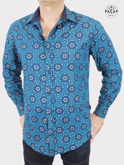 chemise bleue Pailletée motif géométrique