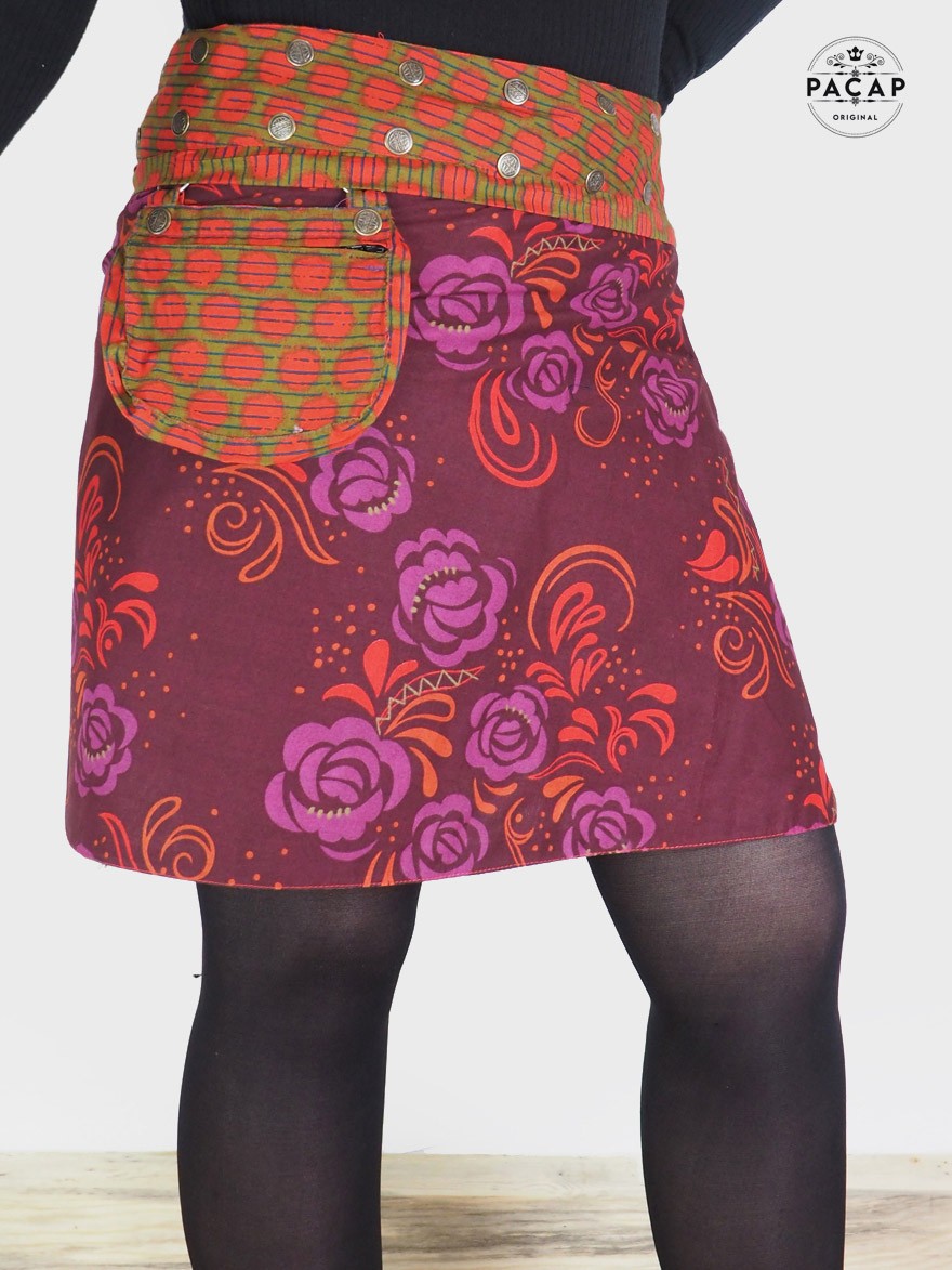 jupe sacoche amovible, jupe boutons pression, jupe violette, jupe imprimé floral jupe trapèze
