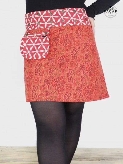 red skirt, skirt with pouch, floral print skirt, snap skirt, reversible skirt
