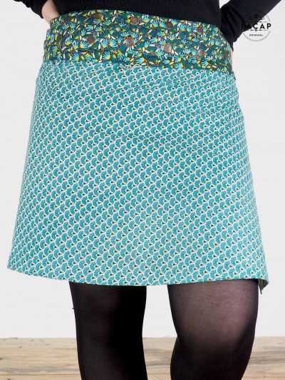 green skirt, skirt with pocket, japanese print skirt, press studs