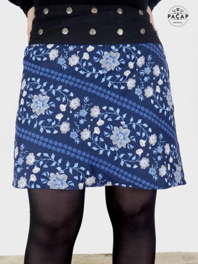 jupe grande taille, jupe ajustable, jupe boutons pression, jupe bleue, jupe imprimé floral