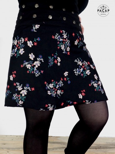 large skirt, women skirt, black skirt, floral skirt, reversible skirt, black belt skirt
