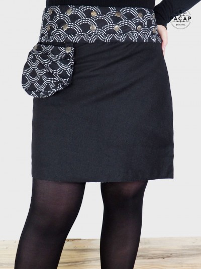 one size skirt, zipped belt skirt, satchel skirt, black denim skirt, convertible skirt