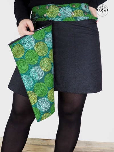 Ethnic Wallet Skirt Jean Zipped Belt Green Dot Patterns
