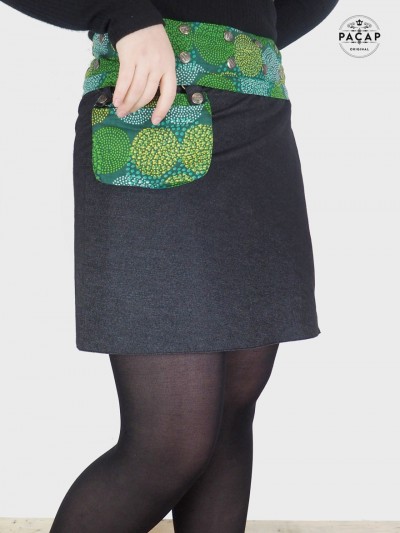 Denim jean skirt with green polka-dot removable belt.