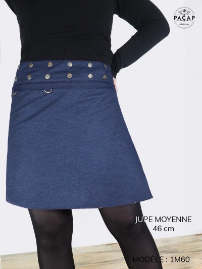 Blue wrap-around jean skirt Blue floral-print buttoned waistband
