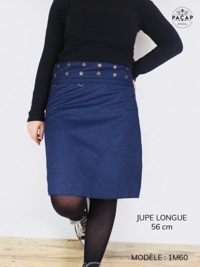 Blue wrap-around jean skirt Floral print buttoned belt