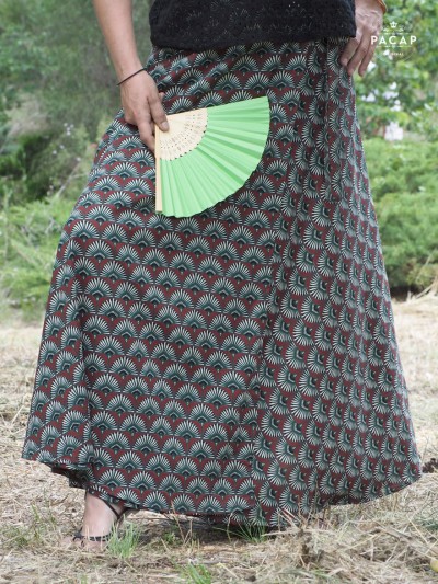 full red midi skirt with green fan pattern