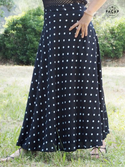 long black skirt with white polka dots