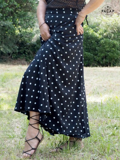long black midi wrap skirt with white polka dots