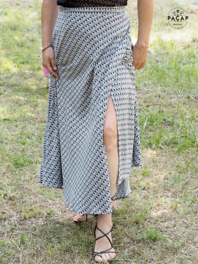 slit midi wrap skirt with ethnic geometric pattern