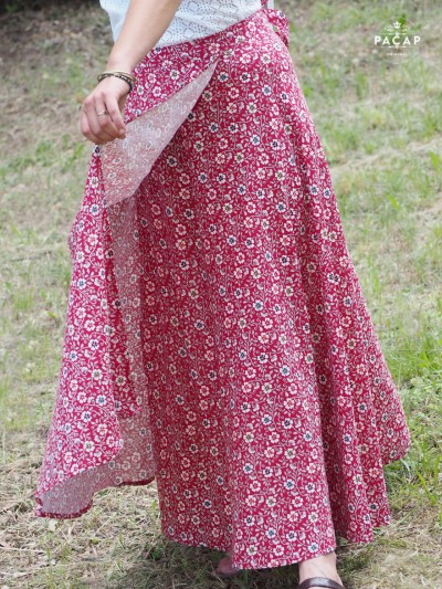 jupe portefeuille midi rouge longueur cheville en viscose petites à fleurs taille unique