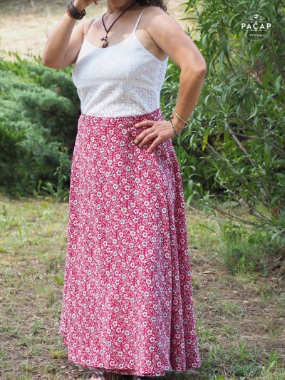 red floral bohemian long skirt with tie slit