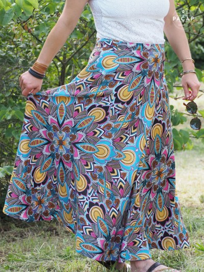 long wrap skirt in colorful ethnic print