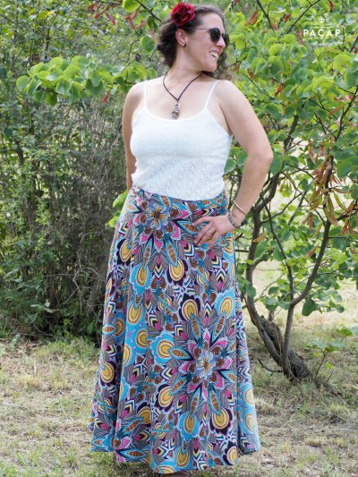 long blue floral midi skirt with flared wrap-around cut and slit