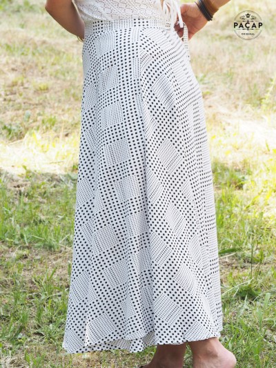 long white skirt with polka-dot check pattern