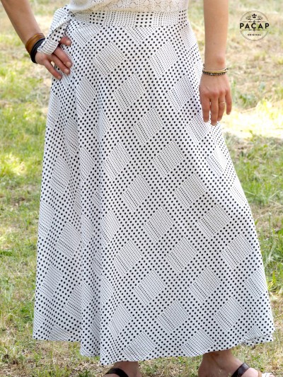 long white wrap skirt with polka dots