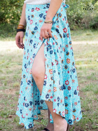 light blue floral print midi skirt tie belt ankle-length split on the side